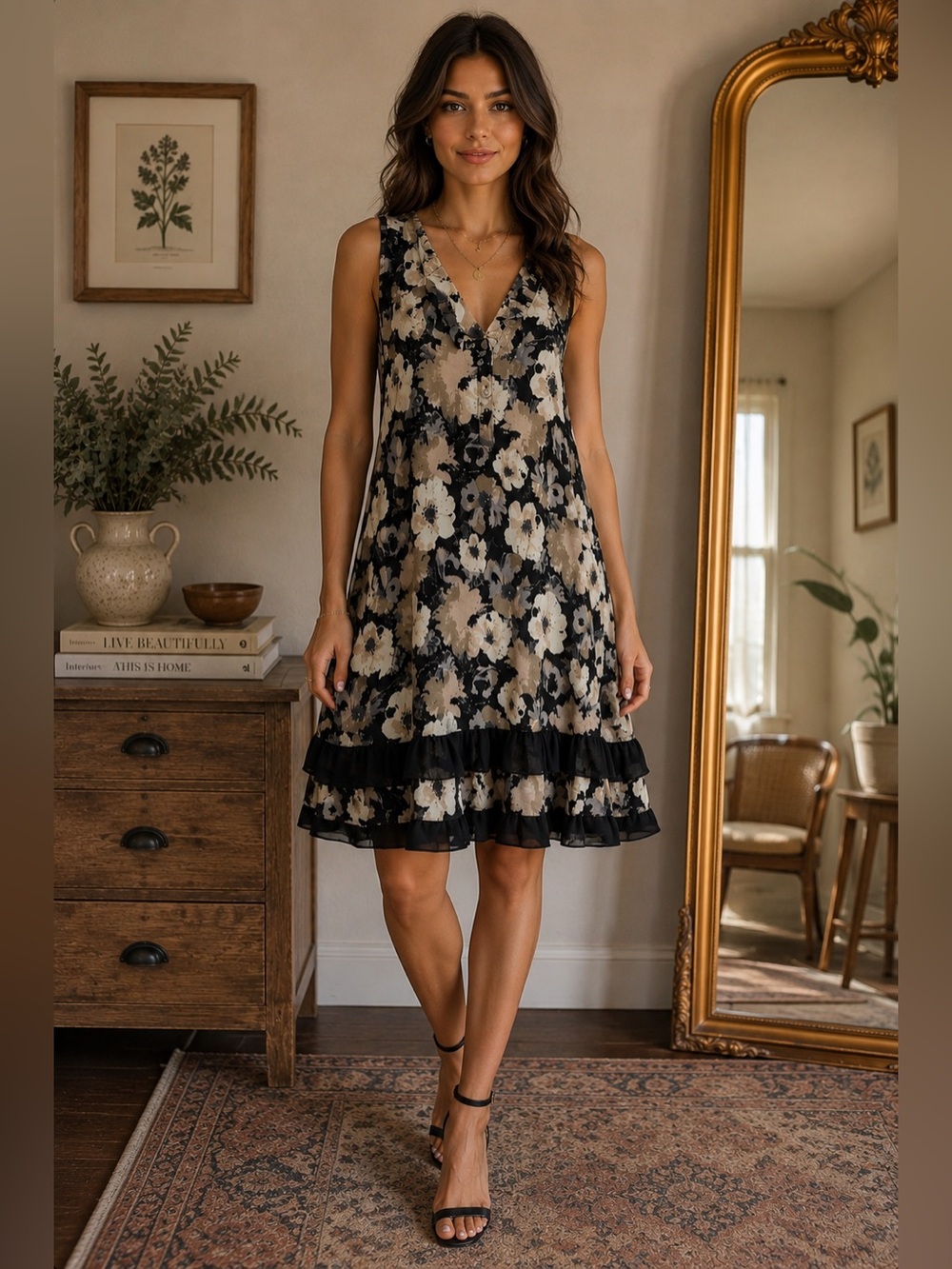 Vintage Profile Apparel Floral Ruffle Hem Sleeveless Dress | Size Medium